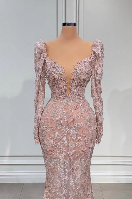 Sexy Pink V-neck Long Sleeves Lace Mermaid Prom Dress Evening Gowns - Prom Dresses - DINIBLO 