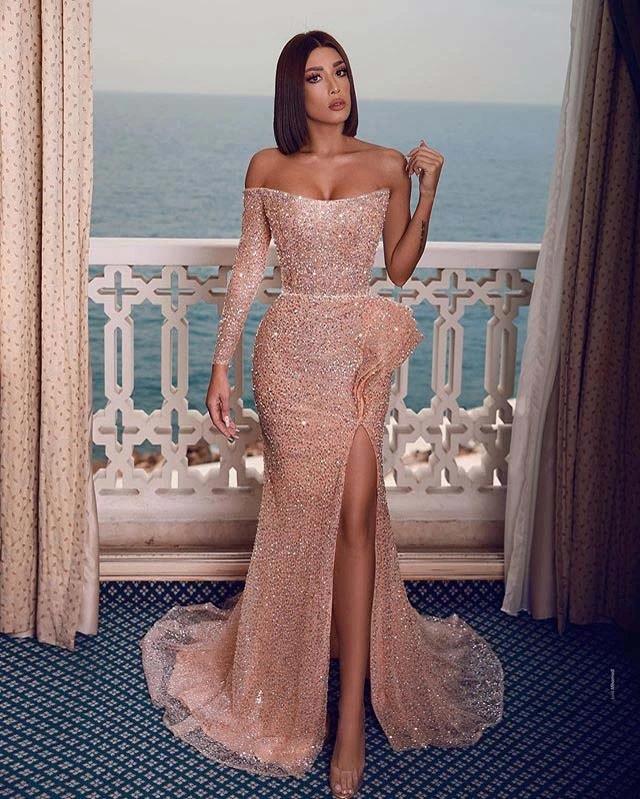 Sexy Sparkly Champagne Rose One-shoulder Side-slit Mermaid Long Prom Dresses - Prom Dresses - DINIBLO 