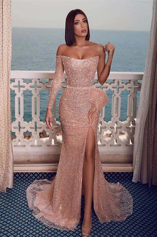 Sexy Sparkly Champagne Rose One-shoulder Side-slit Mermaid Long Prom Dresses - Prom Dresses - DINIBLO 