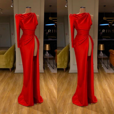 Simple Long Red Mermaid Satin Split Prom Dress With Long Sleeve - Prom Dresses - DINIBLO 