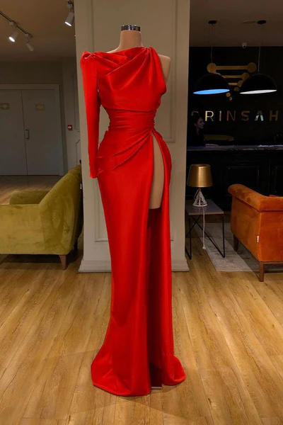 Simple Long Red Mermaid Satin Split Prom Dress With Long Sleeve - Prom Dresses - DINIBLO 