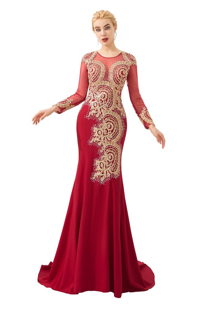 Slim Long Sleeves Gold Appliques Mermaid Evening Gowns Floor Length Event Party Dress - Prom Dresses - DINIBLO 