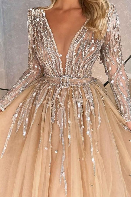 Sparkly V-neck A-line Long Sleeves Ball Gown Prom Dresses With Beads - Prom Dresses - DINIBLO 