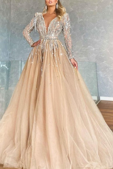 Sparkly V-neck A-line Long Sleeves Ball Gown Prom Dresses With Beads - Prom Dresses - DINIBLO 