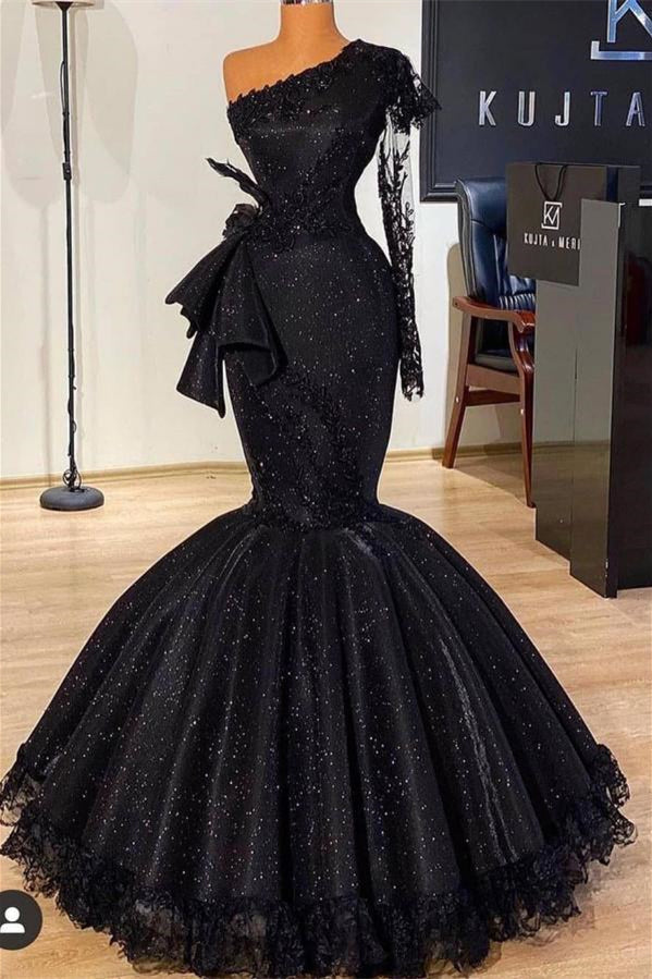 Stunning Black Glitter Mermaid Prom Dress Long Sleeves with Floral Lace Slim Party Dress - Prom Dresses - DINIBLO 