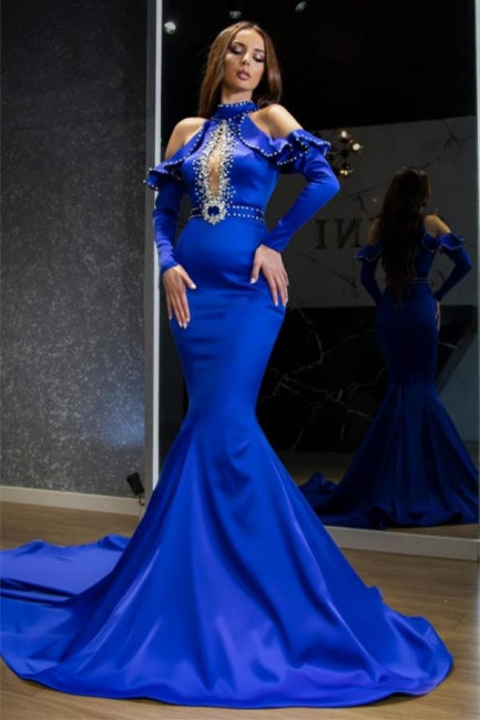 Stunning Halter Royal Blue Evening Party Dress Satin Mermaid Prom Dress - Prom Dresses - DINIBLO 