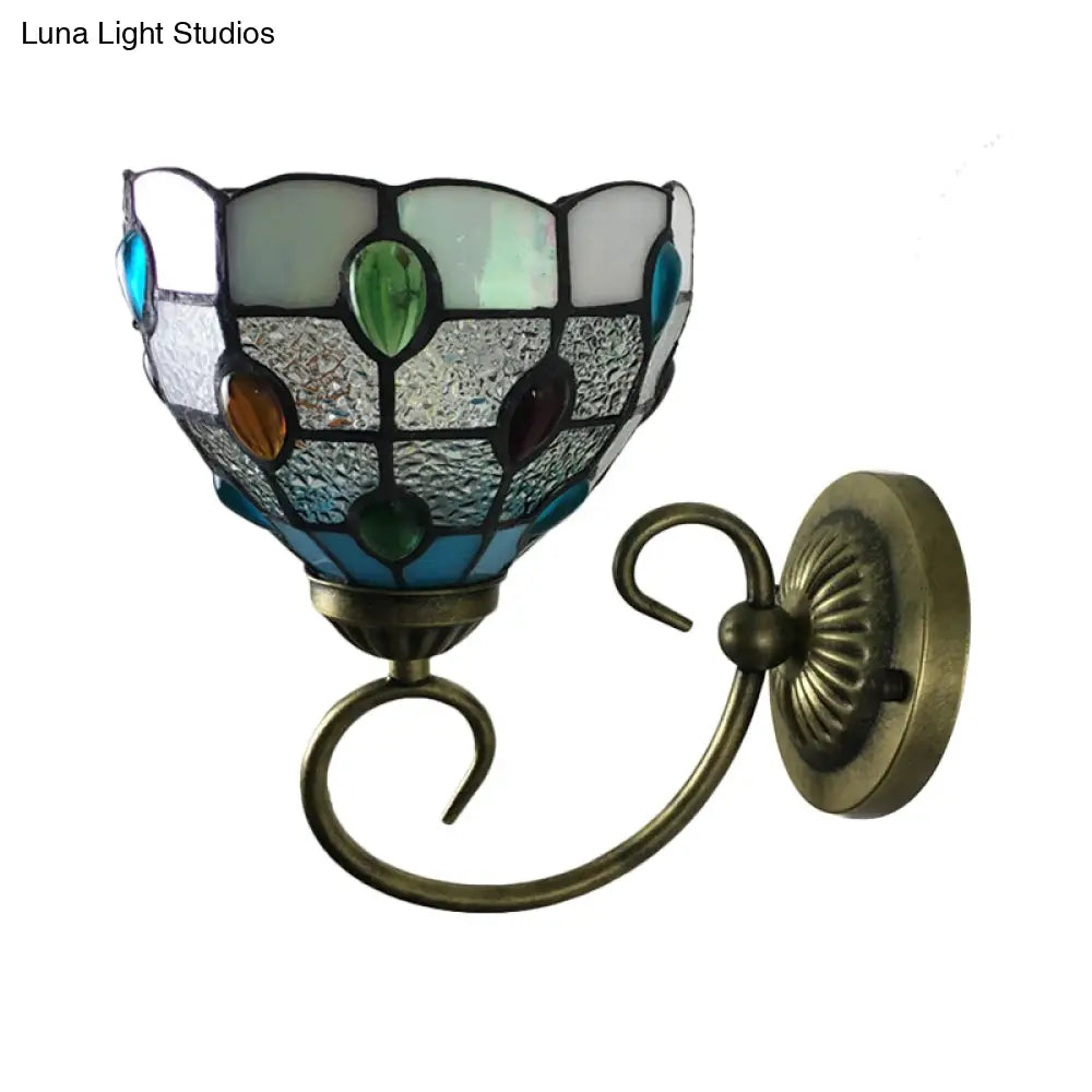 Stunning Metal Brass Tiffany Wall Sconce - Swirled Arm Design with 1-Light & Geometry Cut Glass Shade -  - DINIBLO 