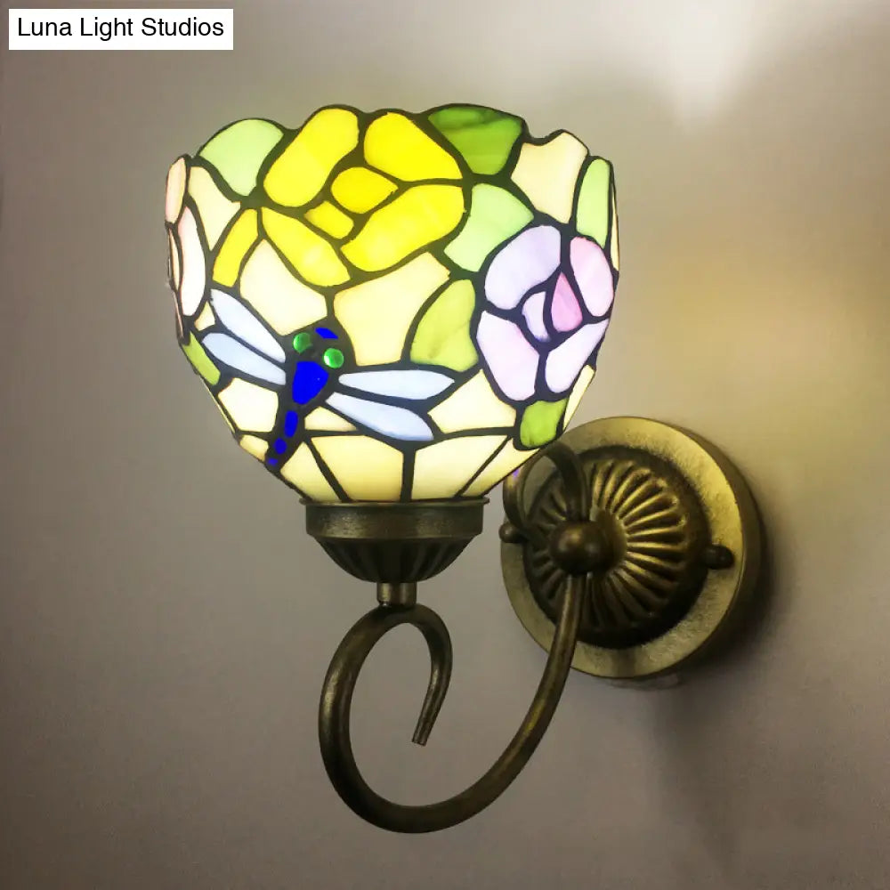 Stunning Metal Brass Tiffany Wall Sconce - Swirled Arm Design with 1-Light & Geometry Cut Glass Shade -  - DINIBLO 