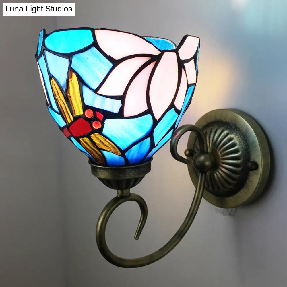 Stunning Metal Brass Tiffany Wall Sconce - Swirled Arm Design with 1-Light & Geometry Cut Glass Shade -  - DINIBLO 