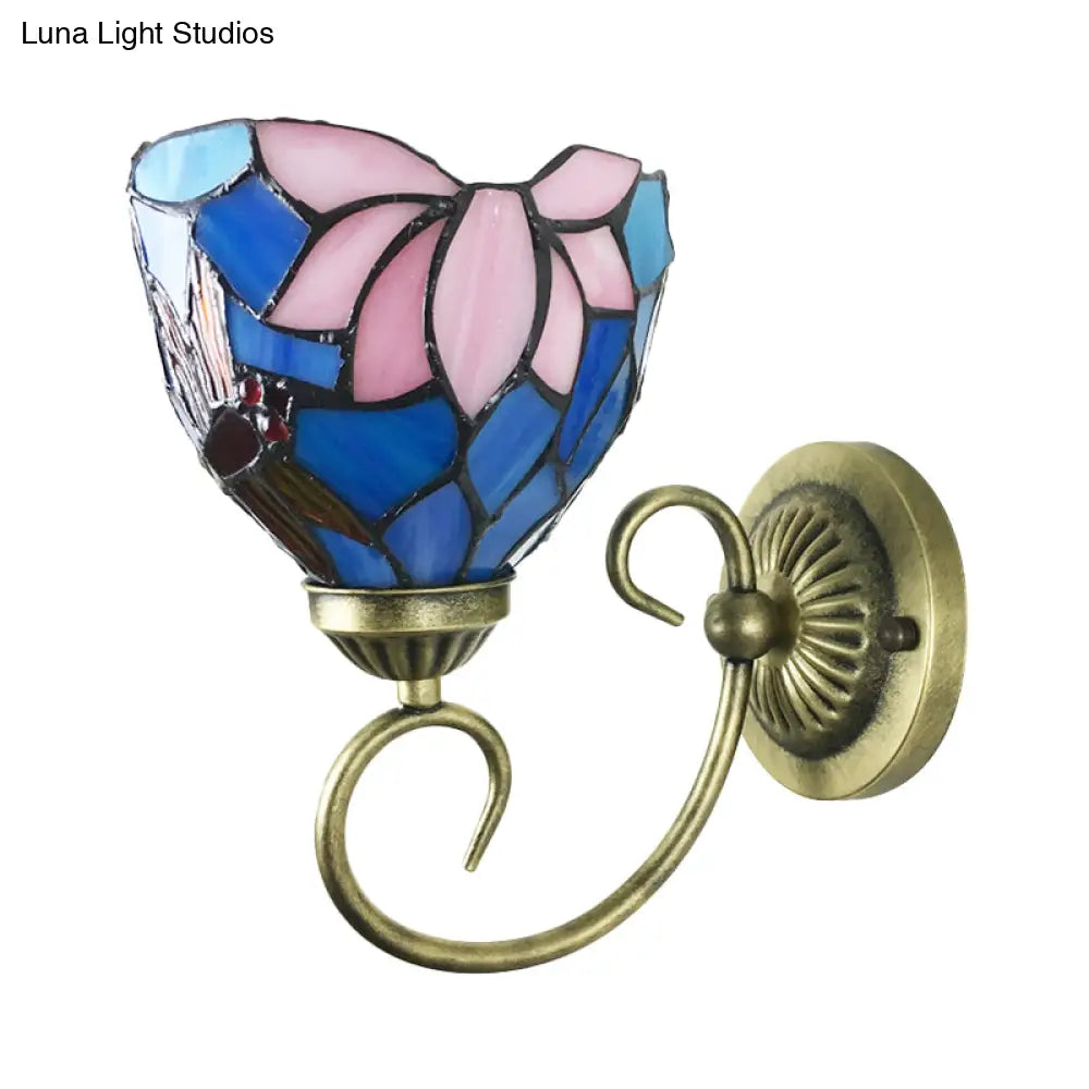 Stunning Metal Brass Tiffany Wall Sconce - Swirled Arm Design with 1-Light & Geometry Cut Glass Shade -  - DINIBLO 