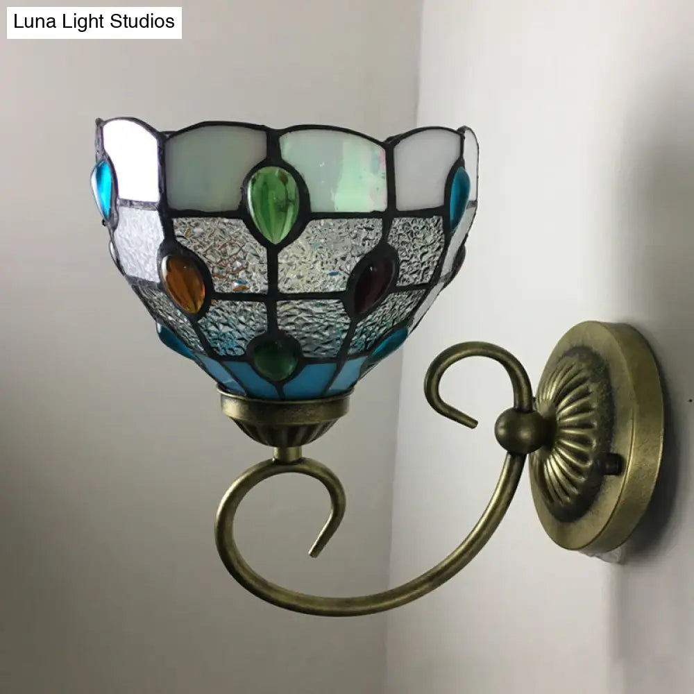 Stunning Metal Brass Tiffany Wall Sconce - Swirled Arm Design with 1-Light & Geometry Cut Glass Shade -  - DINIBLO 