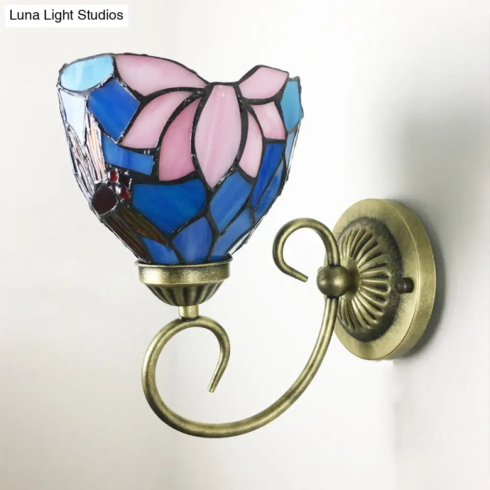 Stunning Metal Brass Tiffany Wall Sconce - Swirled Arm Design with 1-Light & Geometry Cut Glass Shade -  - DINIBLO 