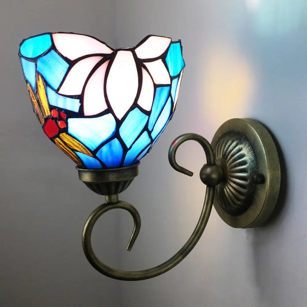 Stunning Metal Brass Tiffany Wall Sconce - Swirled Arm Design with 1-Light & Geometry Cut Glass Shade -  - DINIBLO 