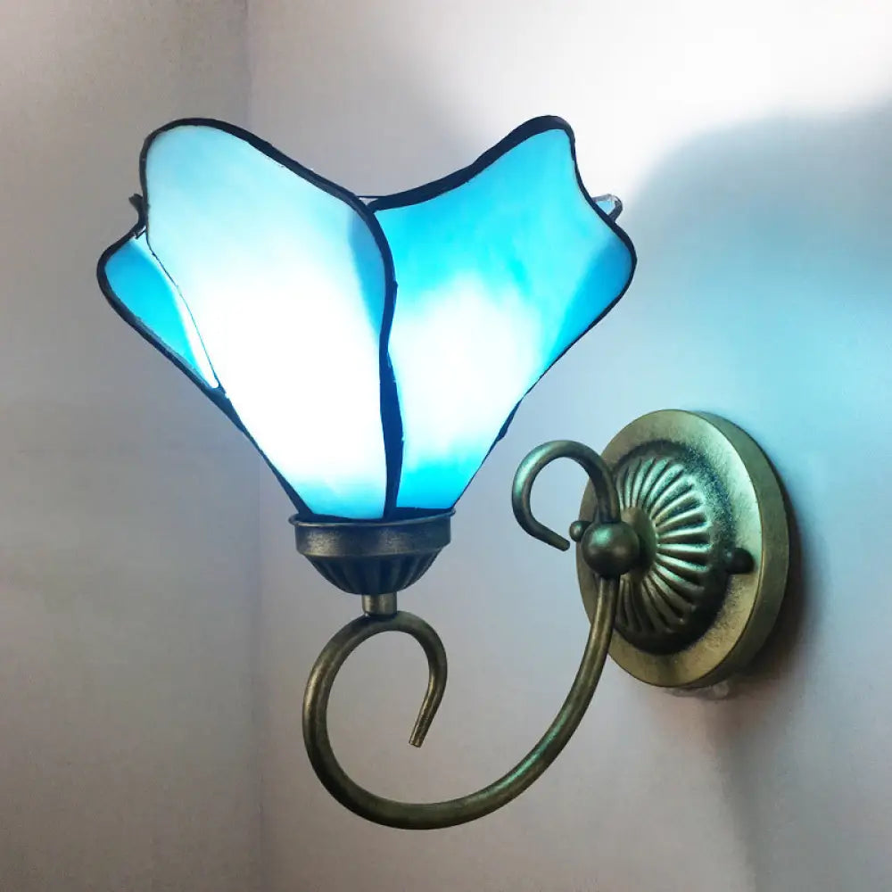 Stunning Metal Brass Tiffany Wall Sconce - Swirled Arm Design with 1-Light & Geometry Cut Glass Shade -  - DINIBLO 