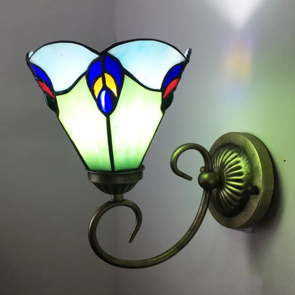 Stunning Metal Brass Tiffany Wall Sconce - Swirled Arm Design with 1-Light & Geometry Cut Glass Shade -  - DINIBLO 