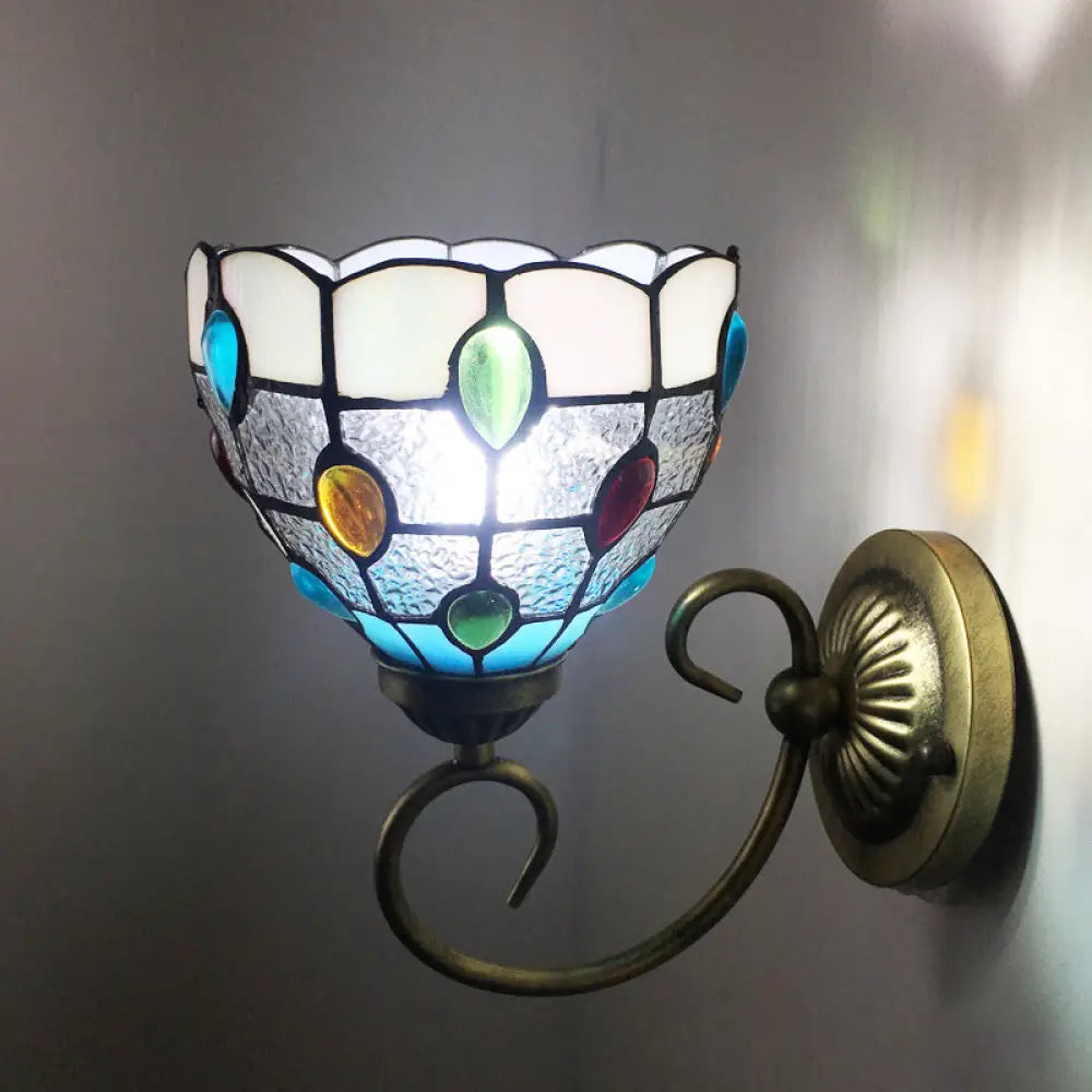 Stunning Metal Brass Tiffany Wall Sconce - Swirled Arm Design with 1-Light & Geometry Cut Glass Shade -  - DINIBLO 