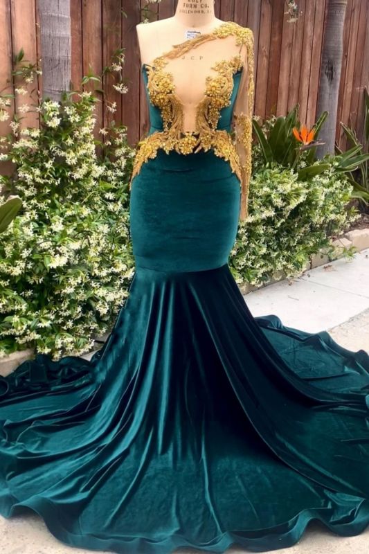 Stunning One Shoulder Dark Green Mermaid Prom Dress 3D Gold Embellishment Bodycon Party Dress - Prom Dresses - DINIBLO 