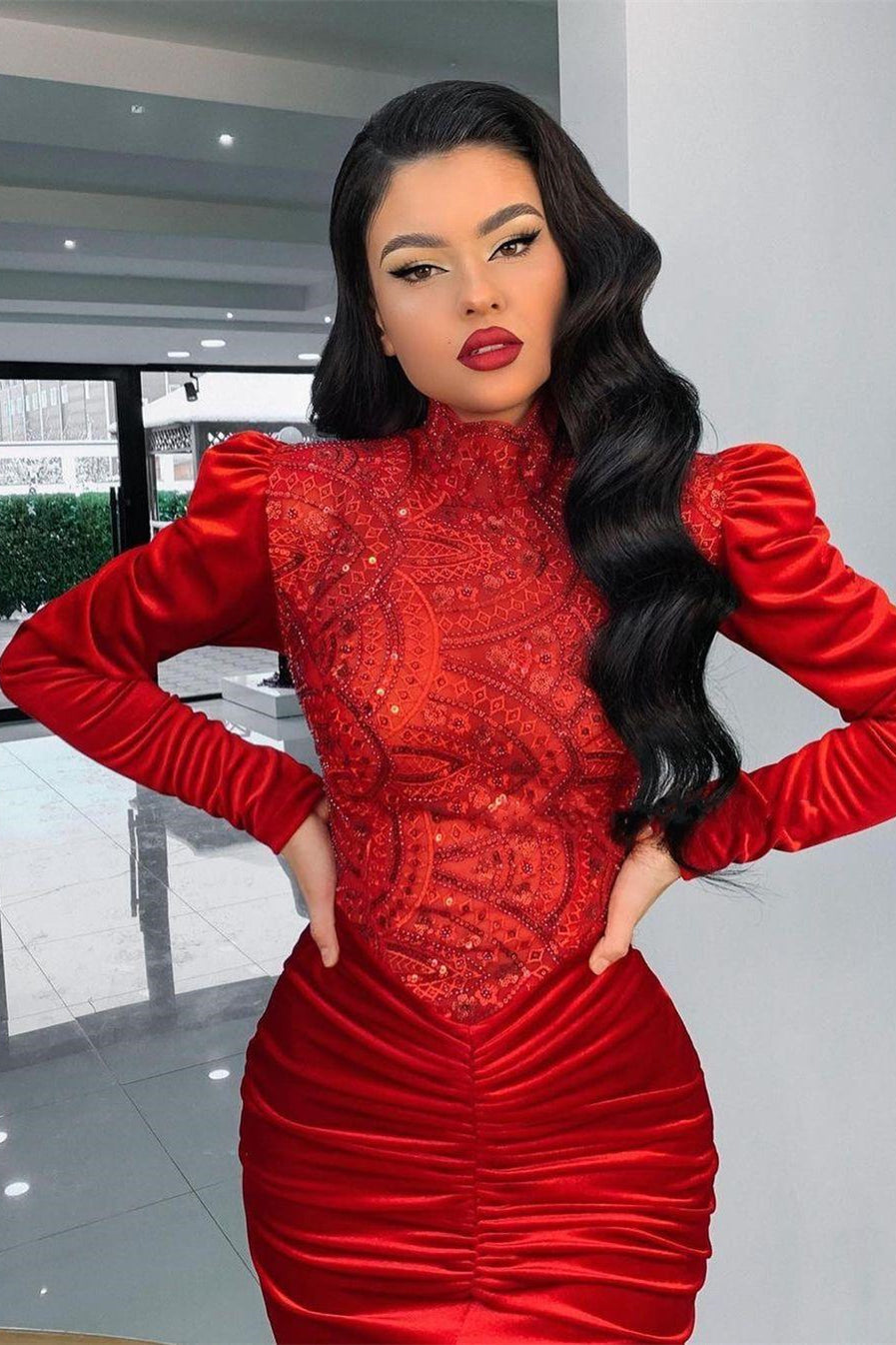 Stunning Red Velvet High Neck Mermaid Prom Dress Long Sleeves - Prom Dresses - DINIBLO 