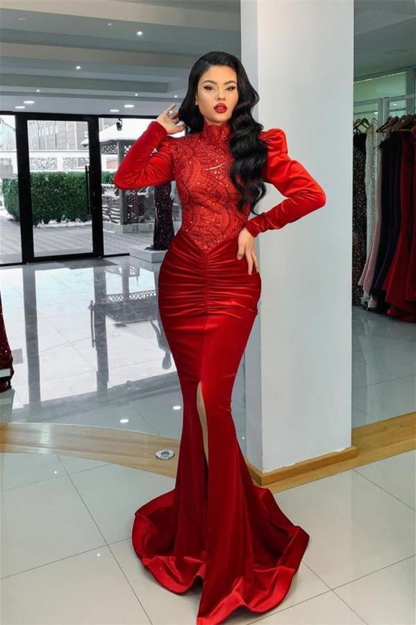 Stunning Red Velvet High Neck Mermaid Prom Dress Long Sleeves - Prom Dresses - DINIBLO 