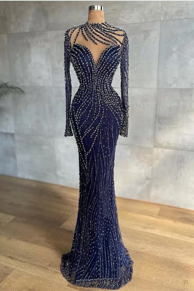 Stylish High Neck Navy Mermaid Evening Dress with Detachable Tulle Train Crystals Beads Long Prom Dress - Prom Dresses - DINIBLO 