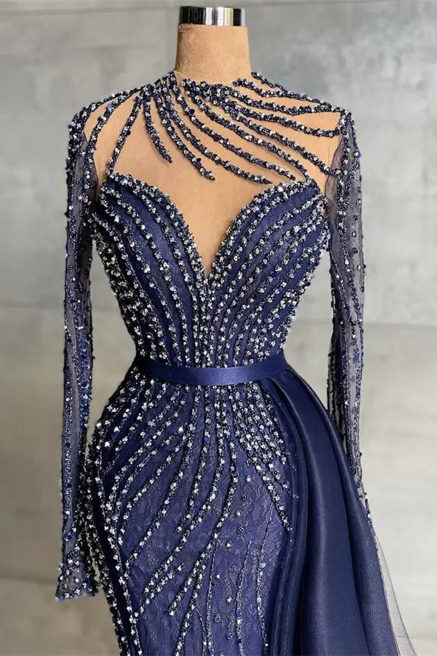 Stylish High Neck Navy Mermaid Evening Dress with Detachable Tulle Train Crystals Beads Long Prom Dress - Prom Dresses - DINIBLO 