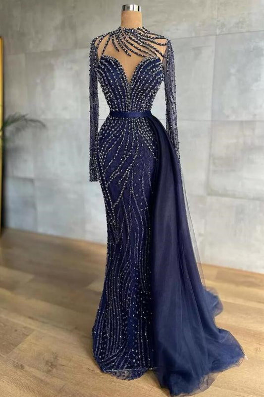 Stylish High Neck Navy Mermaid Evening Dress with Detachable Tulle Train Crystals Beads Long Prom Dress - Prom Dresses - DINIBLO 