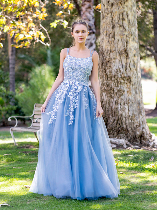 A-line Lace Applique Floor Length Tulle Prom Dress - Prom Dresses - DINIBLO 