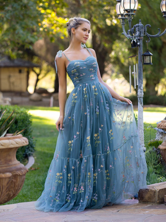 Sweetheart Neck Floor Length Tulle Embroidery Floral Prom Dress - Prom Dresses - DINIBLO 