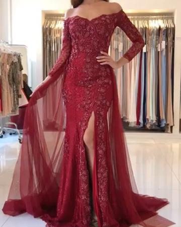 Sweetheart Lace-Appliques Front-Split Newest Long-Sleeve Mermaid Prom Dress - Prom Dresses - DINIBLO 