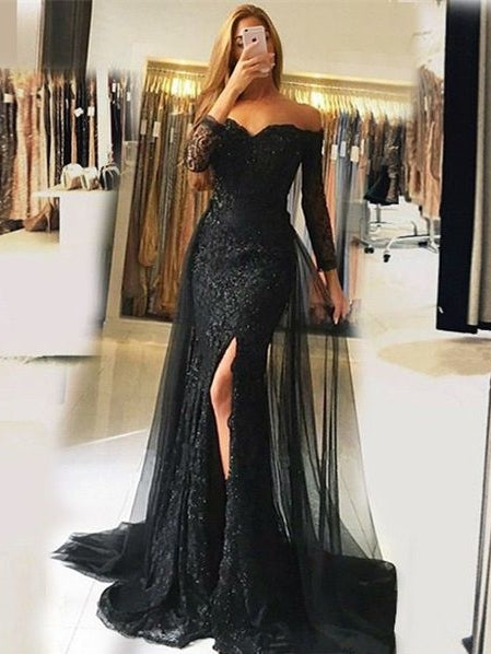 Sweetheart Lace-Appliques Front-Split Newest Long-Sleeve Mermaid Prom Dress - Prom Dresses - DINIBLO 