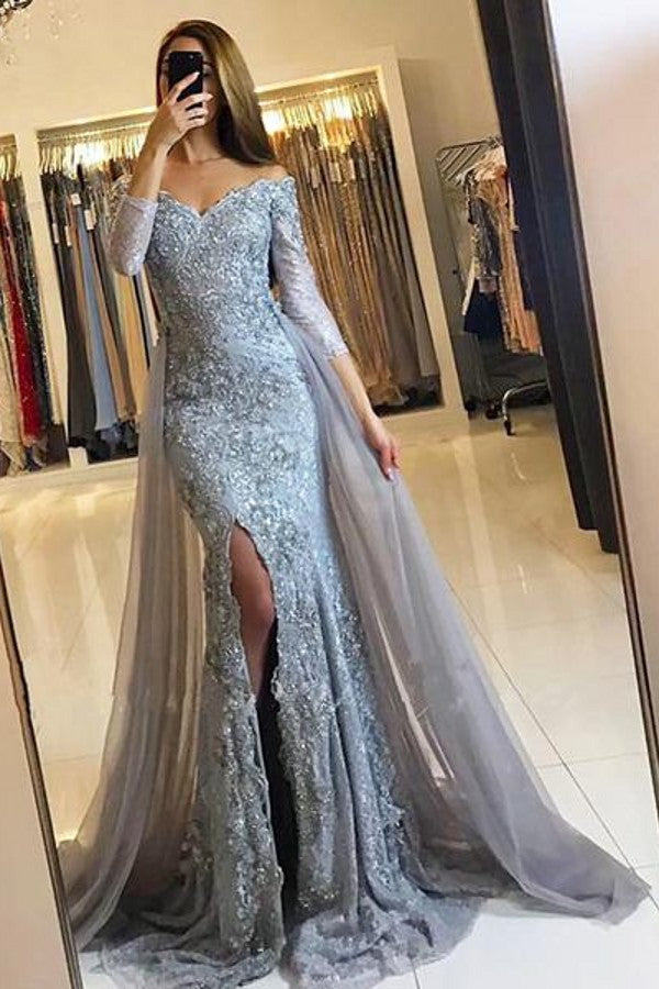 Sweetheart Lace-Appliques Front-Split Newest Long-Sleeve Mermaid Prom Dress - Prom Dresses - DINIBLO 