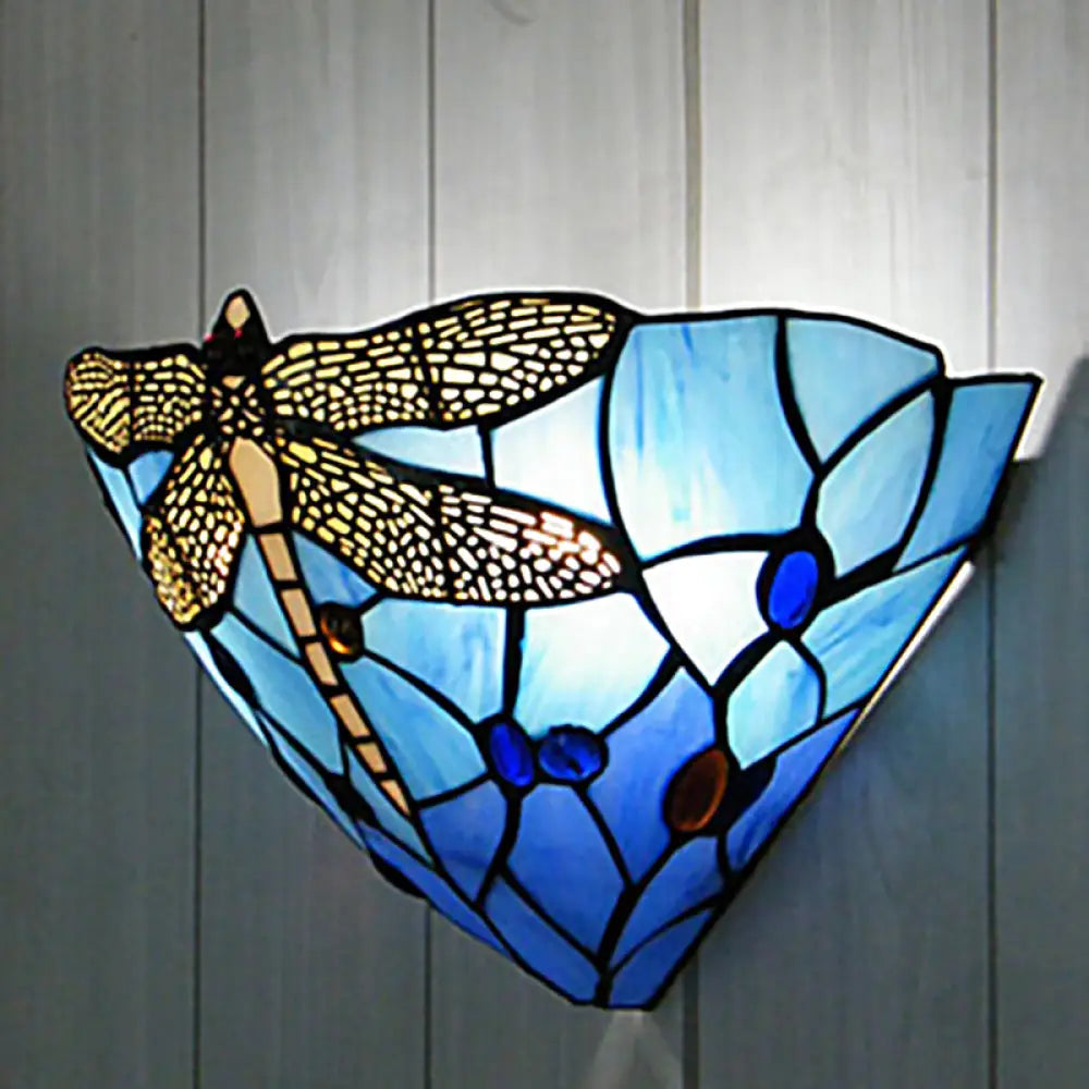 Tiffany Dragonfly Patterned Glass Wall Sconce with Cone Cut Mount -  - DINIBLO 