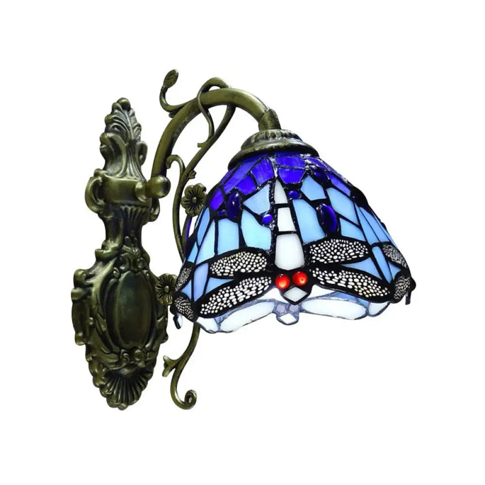 Tiffany Style Glass Dragonfly Wall Sconce with Carved Backplate - 1 Light Fixture -  - DINIBLO 