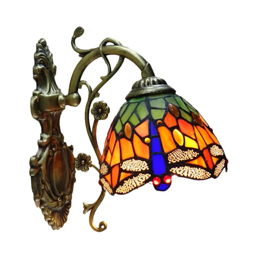 Tiffany Style Glass Dragonfly Wall Sconce with Carved Backplate - 1 Light Fixture -  - DINIBLO 