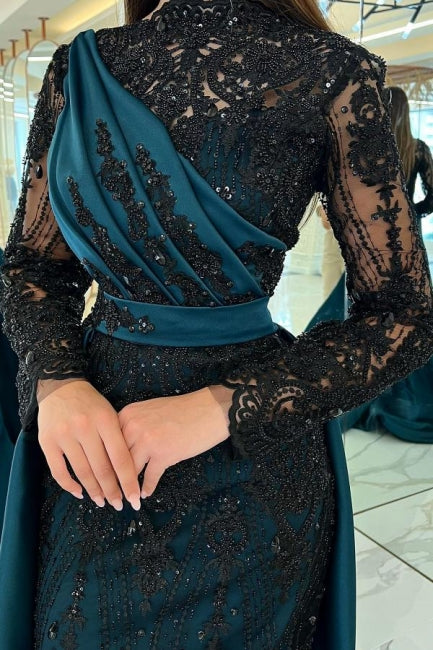 Turkish Mermaid High Neck Long Sleeves Evening Dresses With Black Lace - Prom Dresses - DINIBLO 