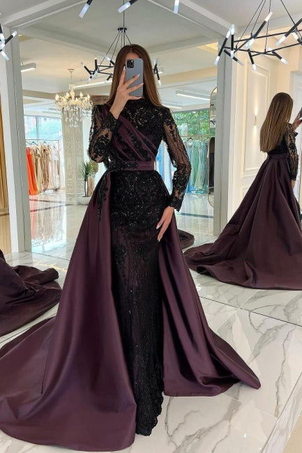 Turkish Mermaid High Neck Long Sleeves Evening Dresses With Black Lace - Prom Dresses - DINIBLO 