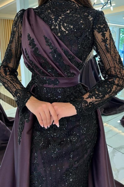 Turkish Mermaid High Neck Long Sleeves Evening Dresses With Black Lace - Prom Dresses - DINIBLO 