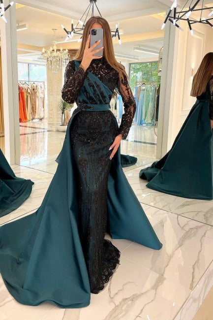 Turkish Mermaid High Neck Long Sleeves Evening Dresses With Black Lace - Prom Dresses - DINIBLO 