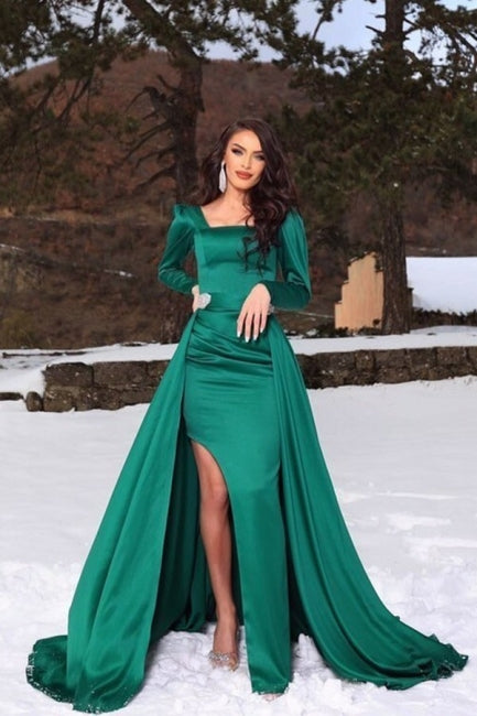 Unique Green Square Long-Sleeve A-Line Floor-Length Satin Prom Dresses with Ruffles - Prom Dresses - DINIBLO 