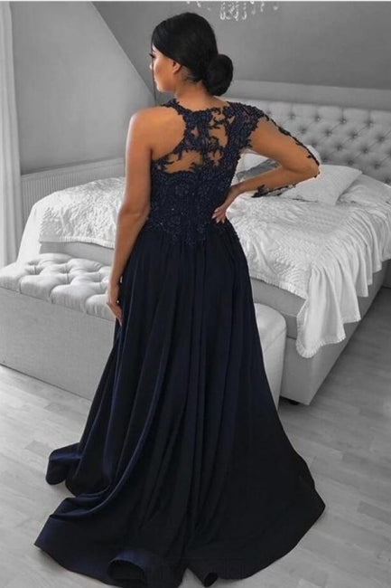 Unique One-shoulder Long-Sleeve A-Line Floor-Length Chiffon Prom Dresses with Appliques - Prom Dresses - DINIBLO 