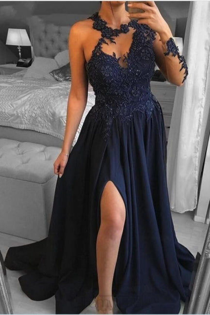 Unique One-shoulder Long-Sleeve A-Line Floor-Length Chiffon Prom Dresses with Appliques - Prom Dresses - DINIBLO 