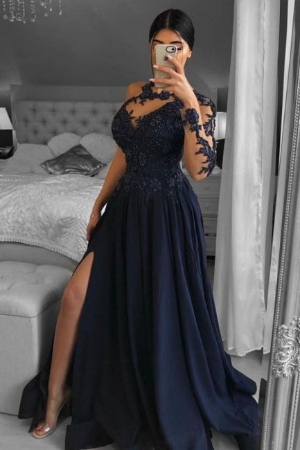 Unique One-shoulder Long-Sleeve A-Line Floor-Length Chiffon Prom Dresses with Appliques - Prom Dresses - DINIBLO 