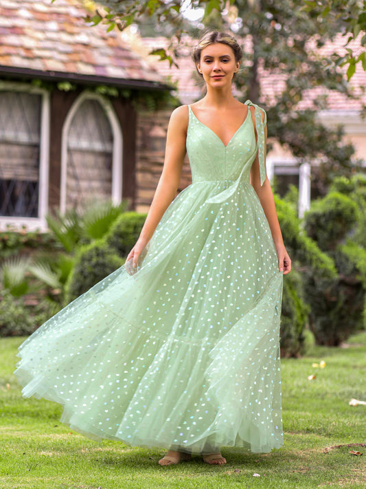 V-neck Dotted Floor Length Tulle Prom Dress - Prom Dresses - DINIBLO 