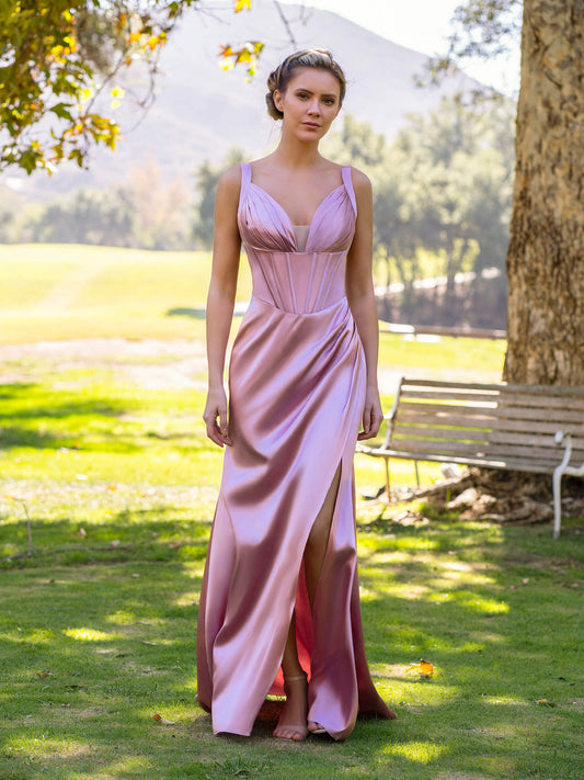 Sheath Pink V-neck Satin Floor Length Prom Dress - Prom Dresses - DINIBLO 