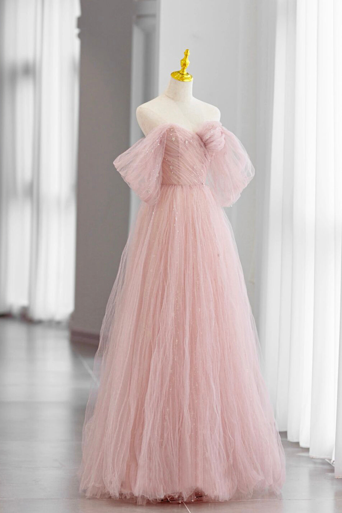 Adalee | Pink Tulle Floor Length Prom Dress, Cute A-Line Evening Party Dress - Prom Dress - DINIBLO 