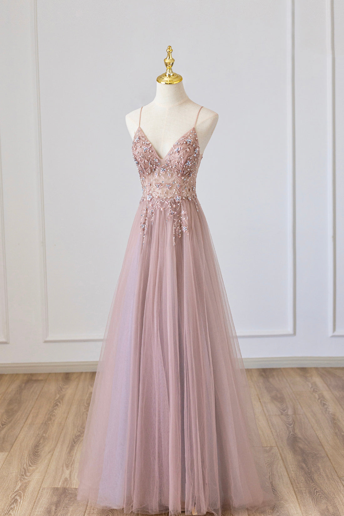 Yareli | Pink Tulle Long A-Line Prom Dress, Pink Spaghetti Formal Dress with Beaded - Prom Dress - DINIBLO 