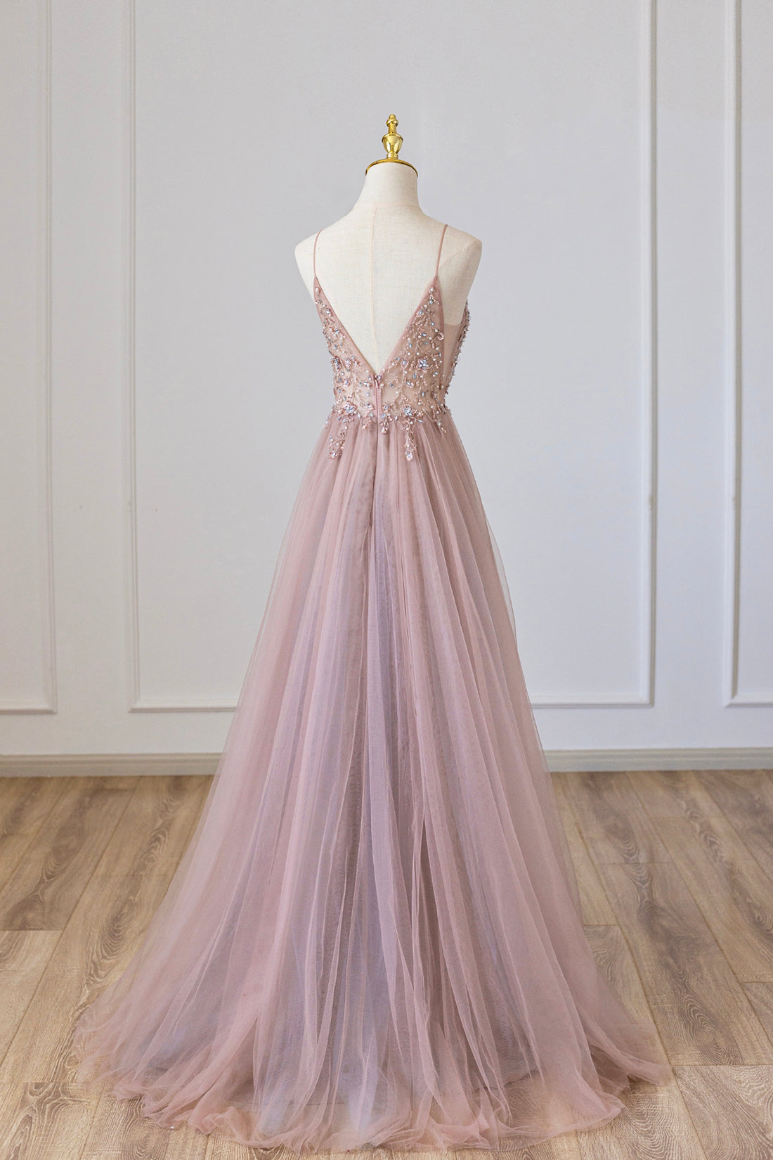 Yareli | Pink Tulle Long A-Line Prom Dress, Pink Spaghetti Formal Dress with Beaded - Prom Dress - DINIBLO 