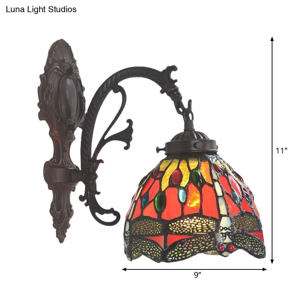 Victorian Dome Sconce with Dragonfly Pattern, Red Cut Glass Light Fixture, Wall Mount Lamp -  - DINIBLO 