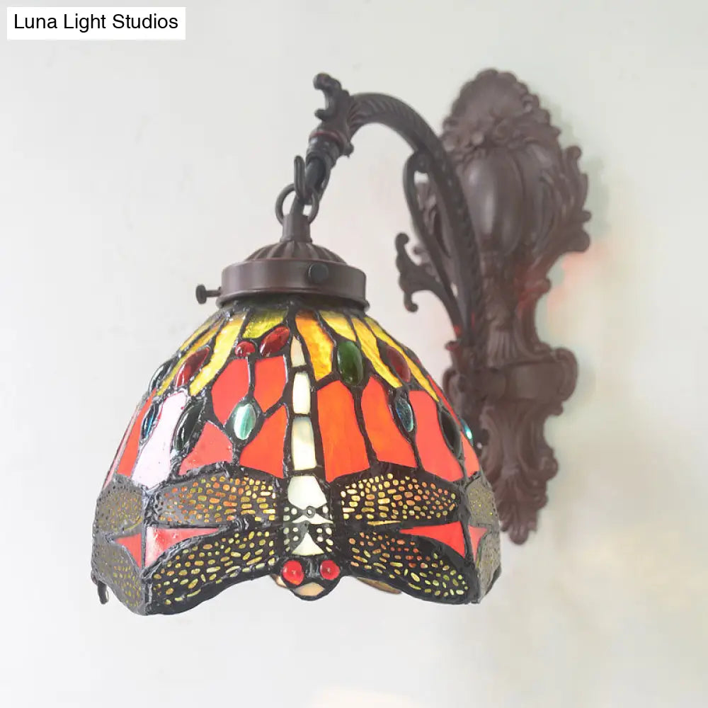 Victorian Dome Sconce with Dragonfly Pattern, Red Cut Glass Light Fixture, Wall Mount Lamp -  - DINIBLO 