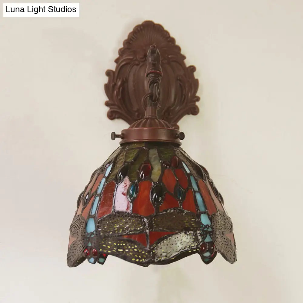 Victorian Dome Sconce with Dragonfly Pattern, Red Cut Glass Light Fixture, Wall Mount Lamp -  - DINIBLO 